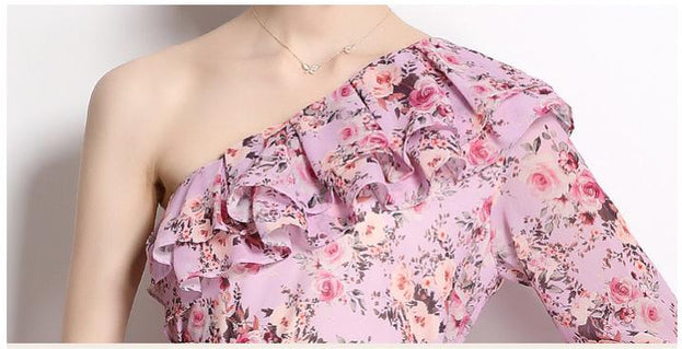 Resort Style Printed Temperament Oblique Shoulder Irregular Long-Sleeved Lotus Leaf Dress