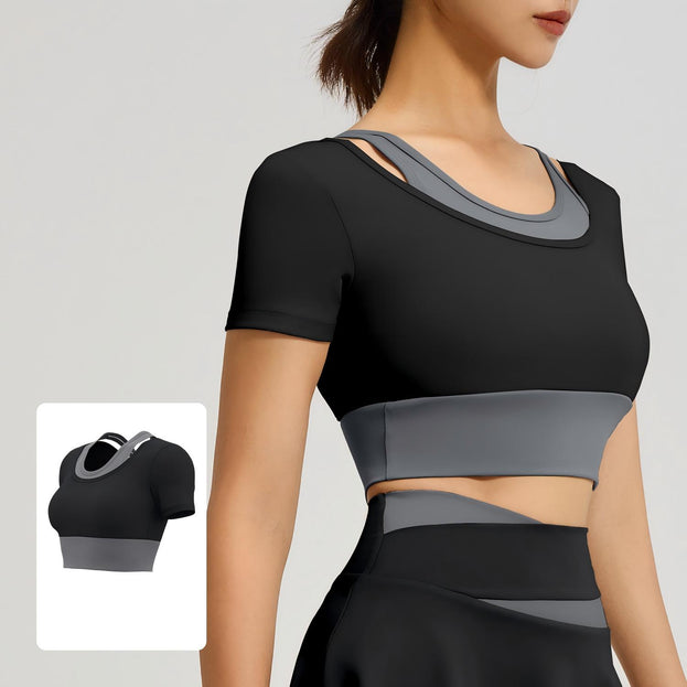 Slim-fit Naked Sports Color-matching Fake Two-piece Yoga Short Top