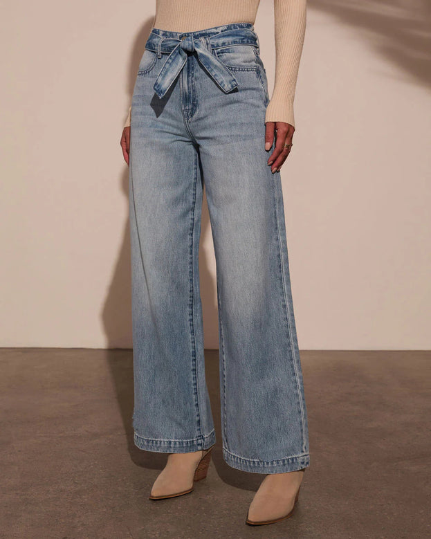 Summer Fashion High-Waisted and Wide-Leg Drawstring-Tie Washed Denim Pant for Women