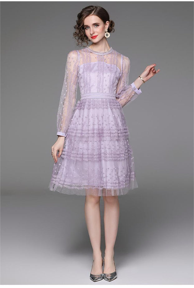 Purple Patchwork Mesh Embroidered Long Sleeve Dress