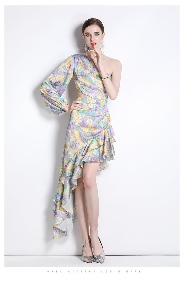 Fashion Printed Dress Satin Diagonal Shoulder Lotus Leaf Irregular Resort Long Skirt