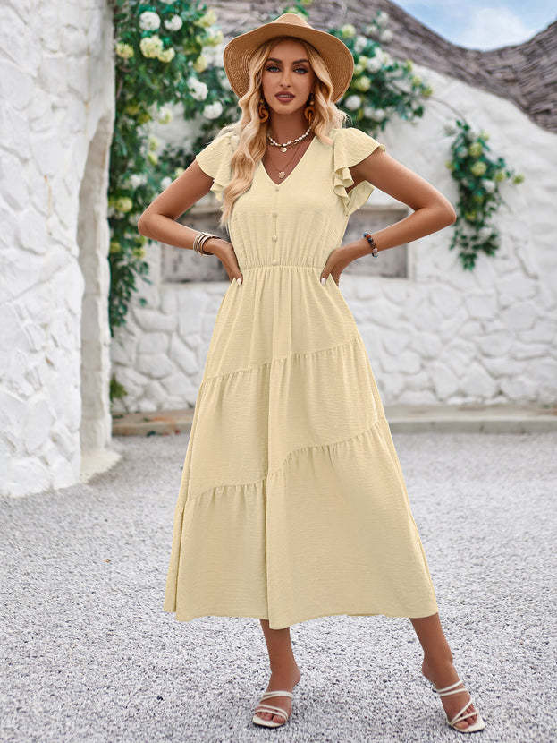 Summer Casual V-Neck Waisted Loose Ruffled-Sleeve Long Dress for Women