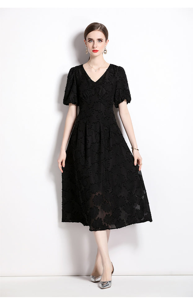 Temperament Jacquard V-Neck Slim Slimming Skirt Dress with Bubble Sleeves