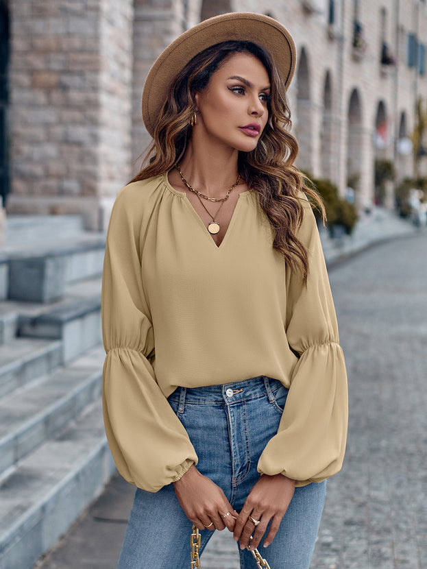 Autumn V-Neck Casual Loose Long Sleeve Pullover Top for Women