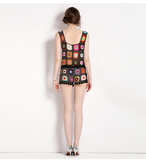 Resort Beach Wind Hand Hook Hollowed Out Vest and Shorts Two Piece Suit