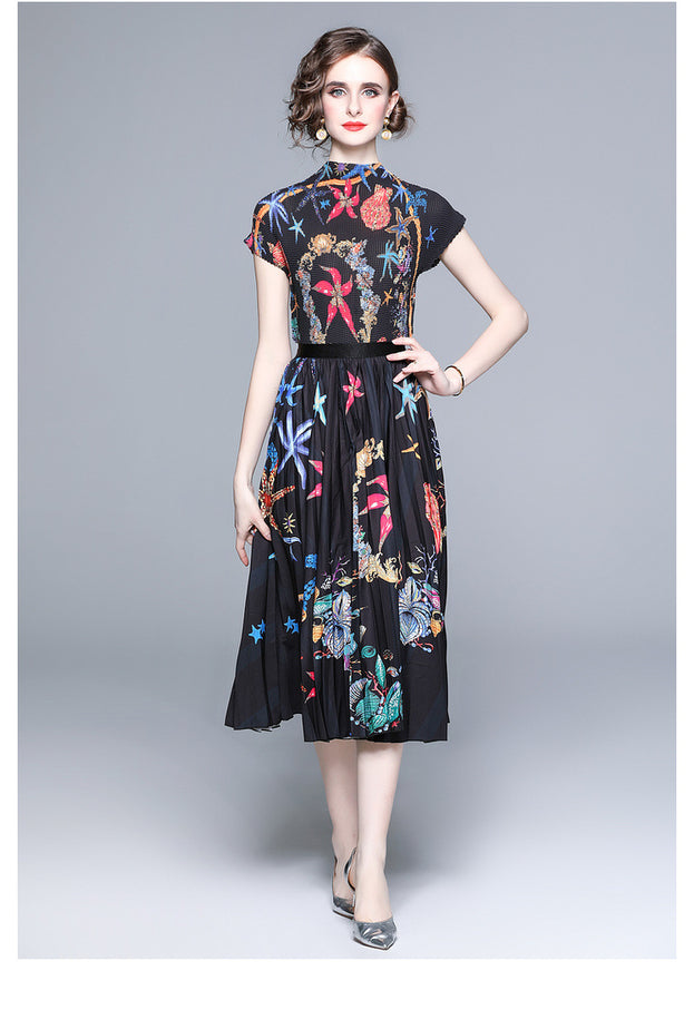 Vintage Print Pleated Short Sleeve Top and Pleated Skirt Fashion Two-Piece Suit