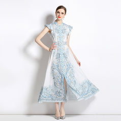 Vintage Fashion Print Dress Single Breasted Large Swing A-Line Skirt