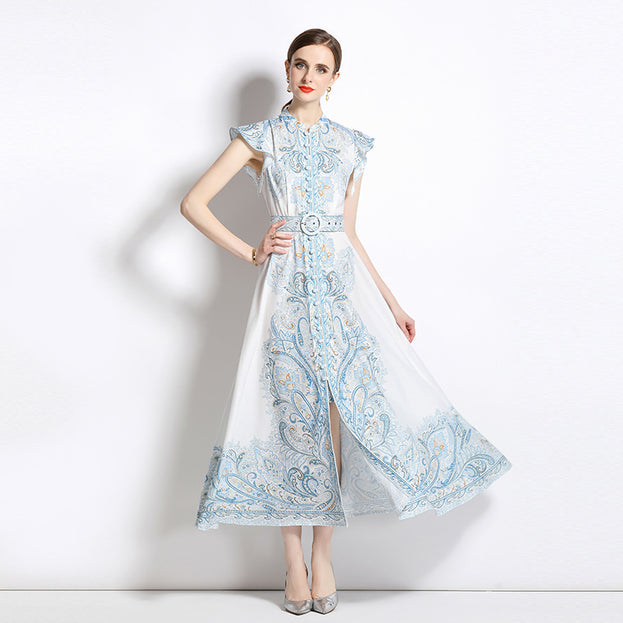 Vintage Fashion Print Dress Single Breasted Large Swing A-Line Skirt