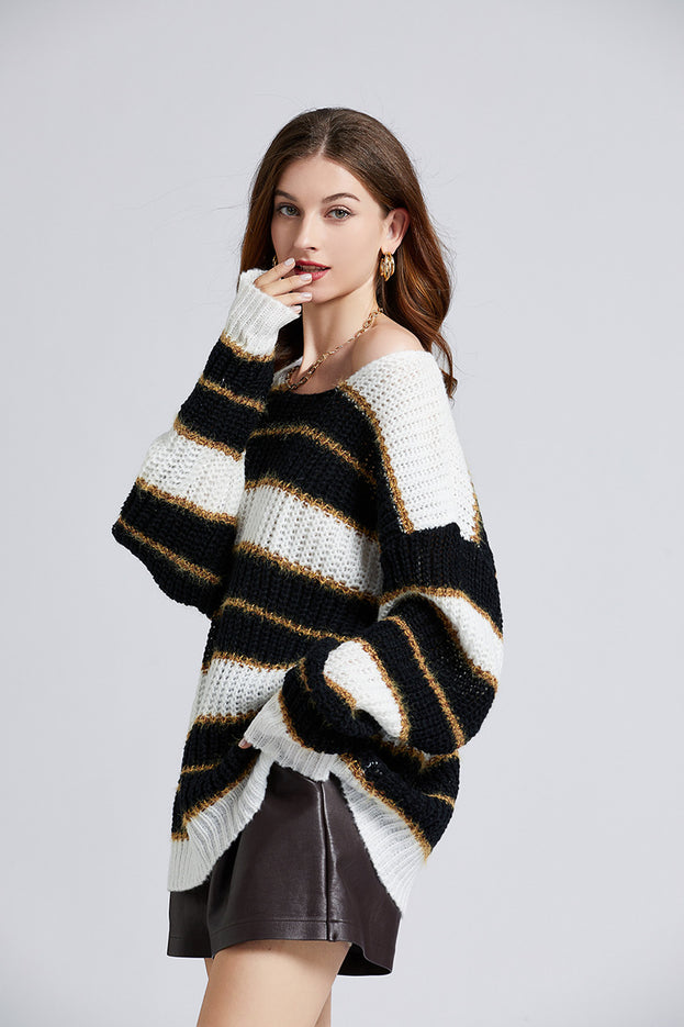 Striped Loose Slimming Color Pullover Sweater Crewneck Long-Sleeved Sweater