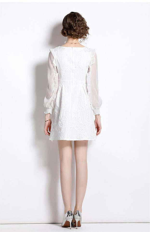 Fashion Show Slim Patchwork Receive Waist Temperament Peplum Long-Sleeved Jacquard Dress