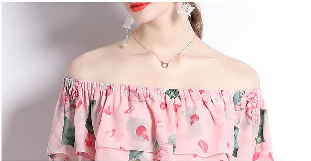 Peplum One-Line Neck Beach Skirt Slit Chiffon Large Hemline Long Skirt Dress