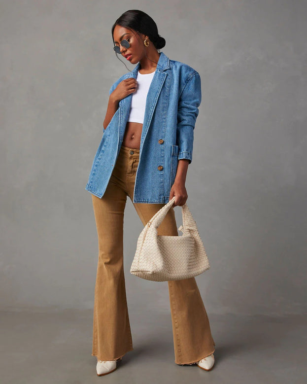 Fashionable and Casual Long-Sleeved Washed Blue Denim Blazer with Pockets for Women