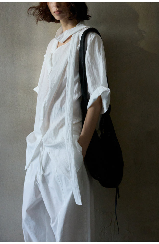 Tencel Ribbon Swing Collar Short-Sleeved Shirt, Soft Women's Blouse