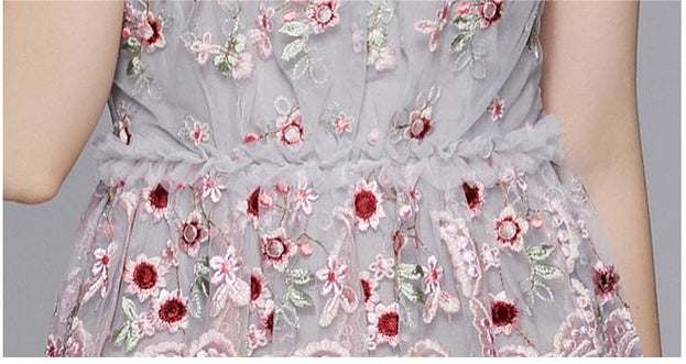 Round Neck Lotus Leaf Short Sleeve Net Yarn Embroidery Closed Waist Large Swing Long Pattern Dress