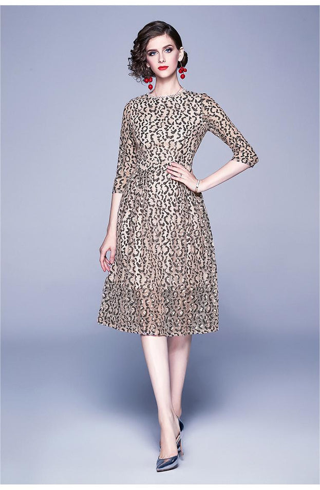 Vintage Leopard Print Lace Seven-Point Sleeve Slim MIDI Dress