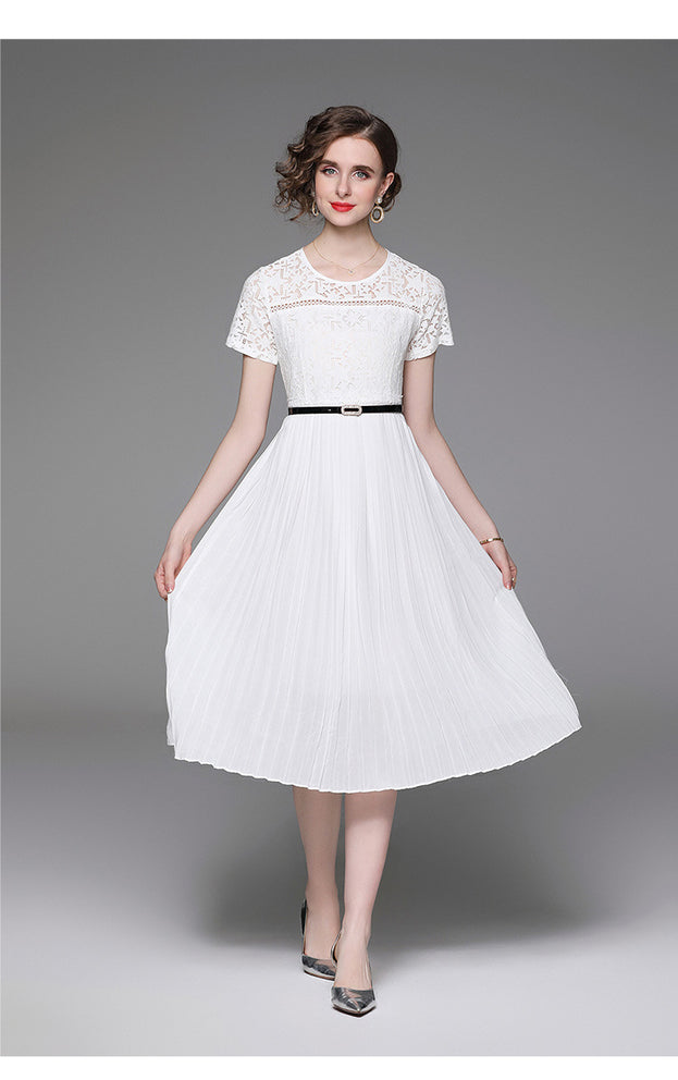 Elegant Crewneck Short Sleeve Lace Patchwork Pleated Dress