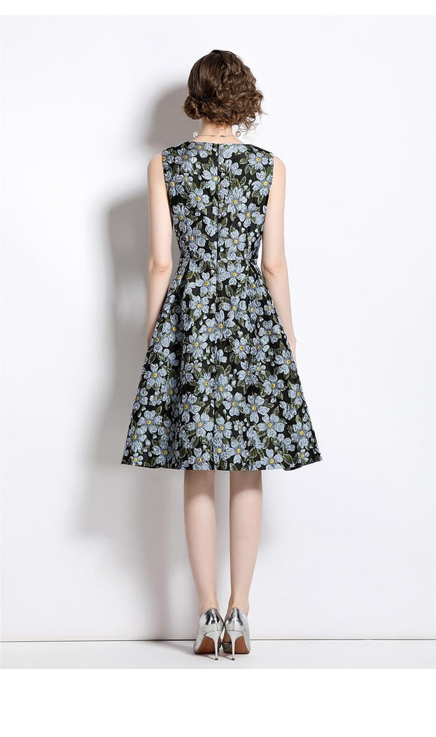 Sundress Socialite Temperament Jacquard Crewneck Sleeveless Mid-Length Dress