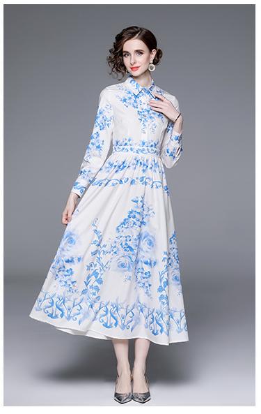 Fashion Retro Blue and White Porcelain Print Slim Lapel Dress Long-Sleeved Long Skirt