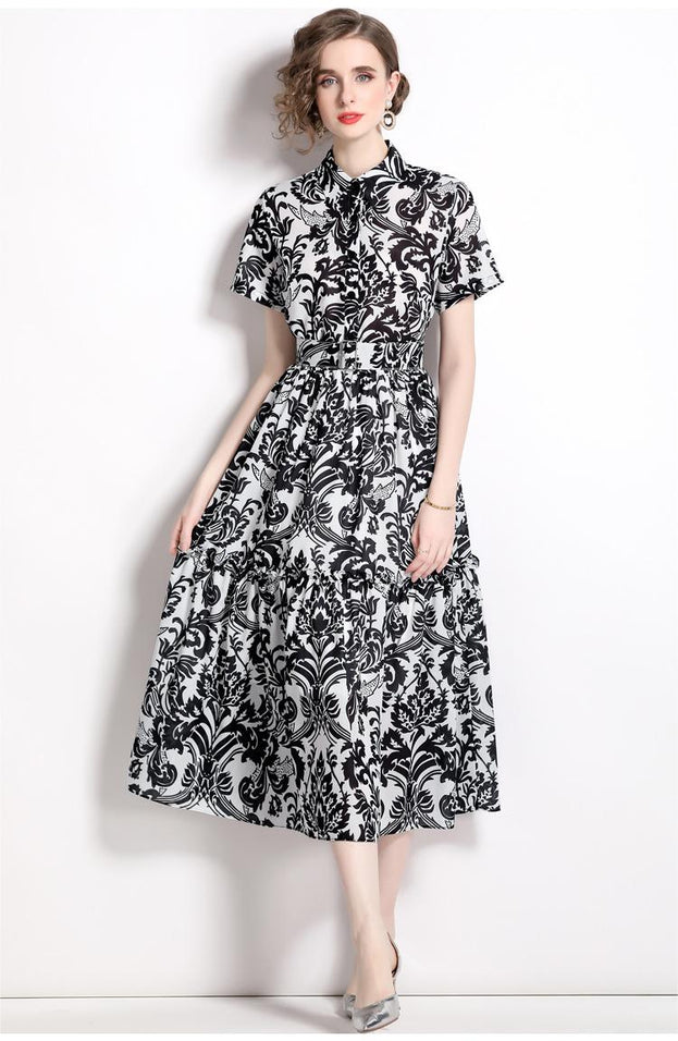 Vintage Print Short Sleeve Large Hem Slim Lapel Maxi Dress