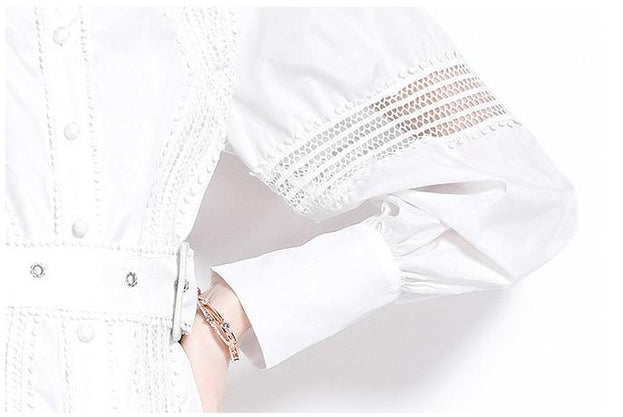 Thin Lace Patchwork Lantern Sleeve White Dress