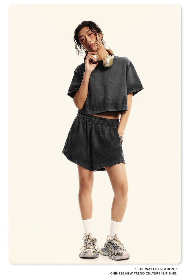 Summer Solid-color Sweat-absorbing Mud Dyed Aged Off-the-shoulder Top