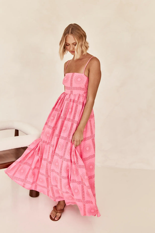 Summer Fashion Casual Cutout Printed Waisted Long Slip Dress for Women