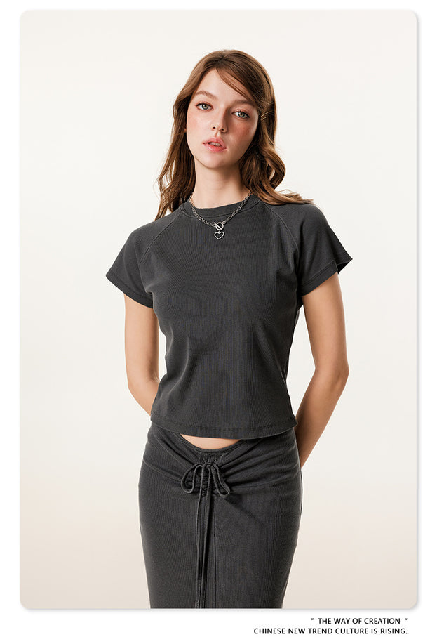 Summer Retro Round-neck Short-sleeved Crop Navel Maillard Color TOP