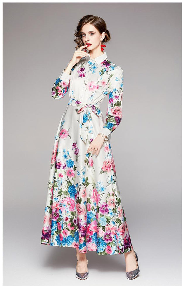 Fashion Waist-Close Thin Belt Positioning Printed Dress