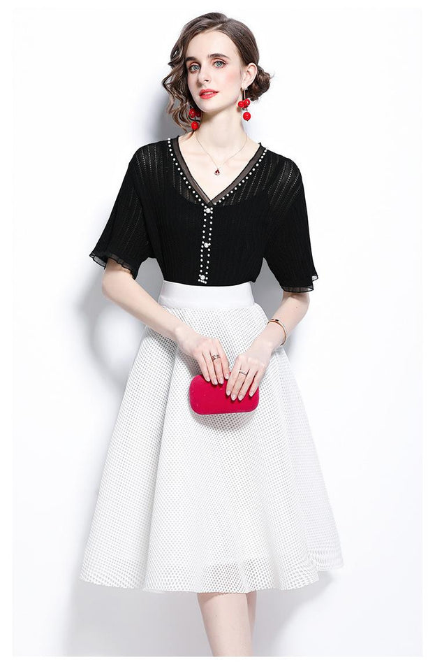 Ice Silk Breathable V-neck Nailed Beaded Knitwear and Hollowed Out Mesh Princess Skirt Two-Piece Set