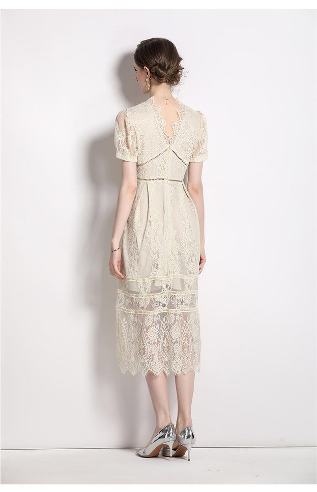 Solid Color Lace V-Neck Short Sleeve Bow Button Long Skirt Dress