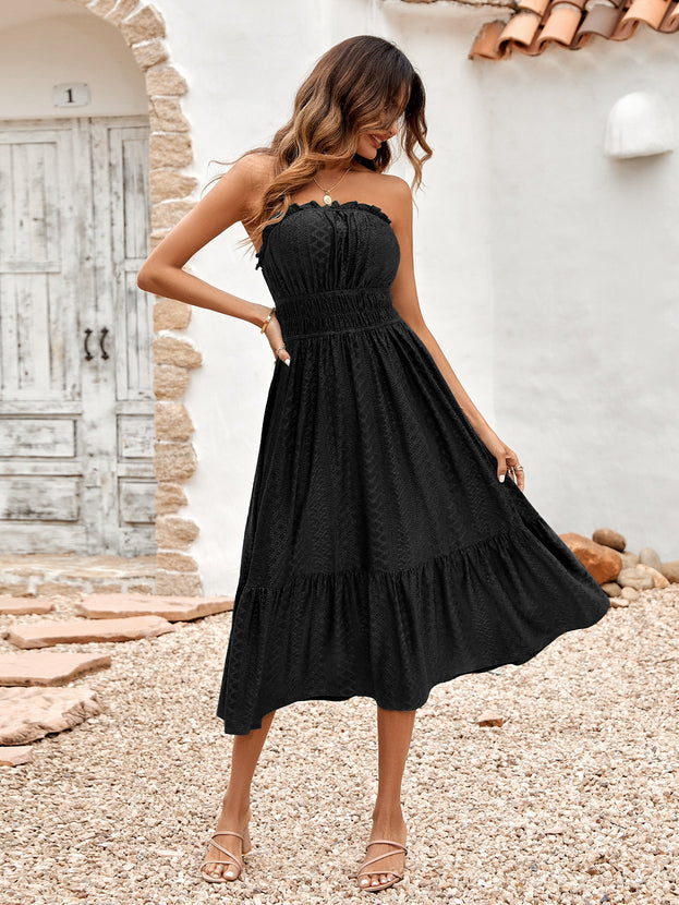 Summer Sweet Casual Waisted Pleated A-Line Strapless Dress for Women