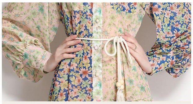 Fashion Resort Style Lapel Lantern Long-Sleeved Collision Color Print Dress