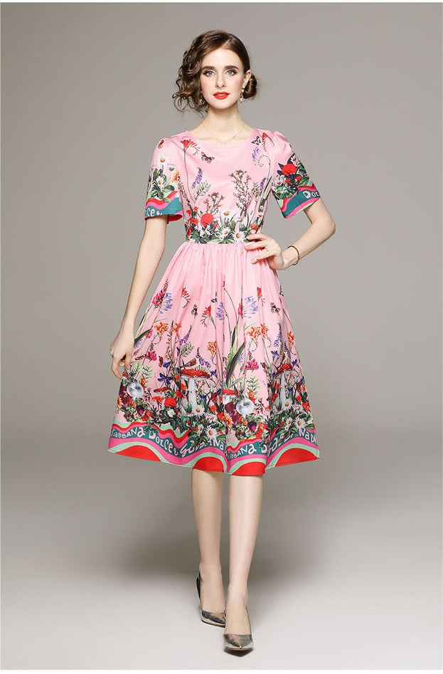 Fashion Garden Style Flower Print Short Sleeve Dress with Lining Cloth