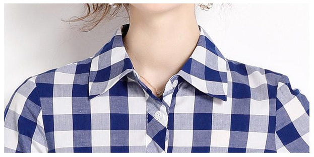 Vintage Lapel Short Sleeve Waist Tucked Long Skirt Plaid Print Dress