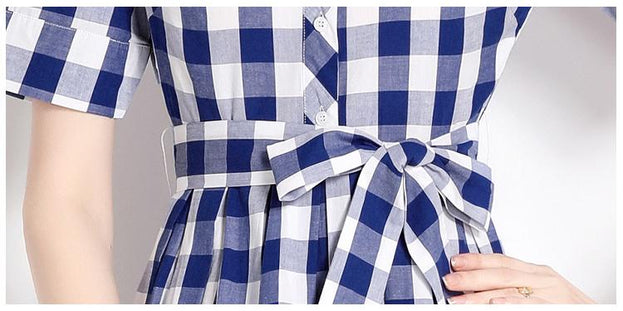 Vintage Lapel Short Sleeve Waist Tucked Long Skirt Plaid Print Dress