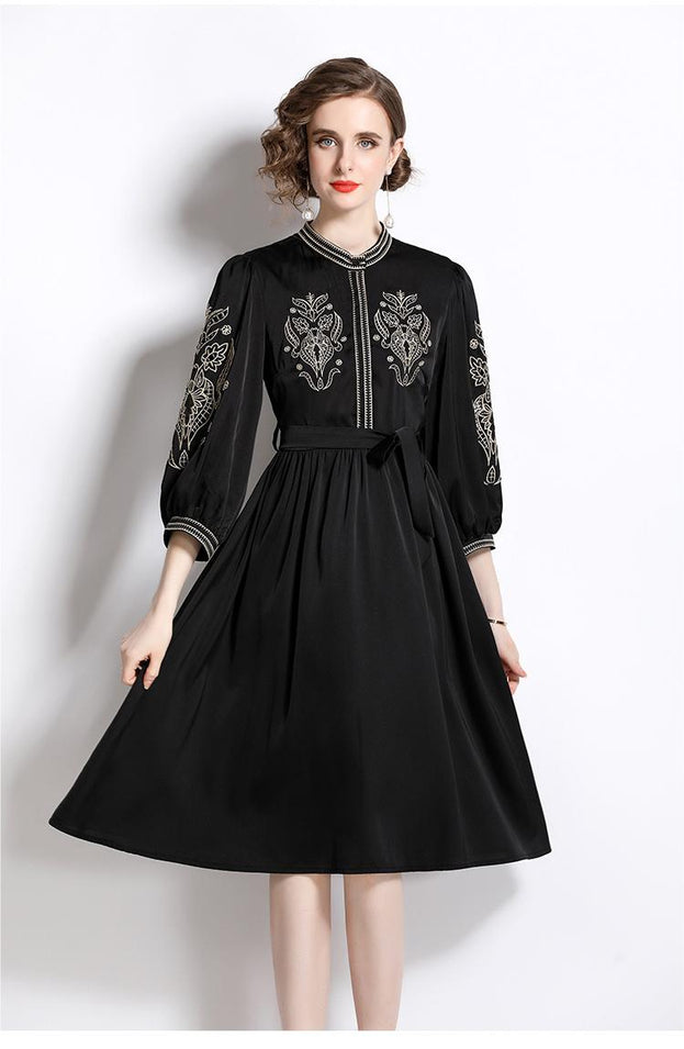 Temperament Elegant MIDI Skirt Embroidered Stand-Up Collar Lantern Sleeve Slim Dress