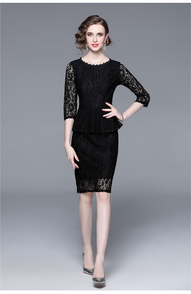 Temperament Elegant Lace Skirt Slim Slim Show Seven-Point Sleeve Mid-Skirt Dress