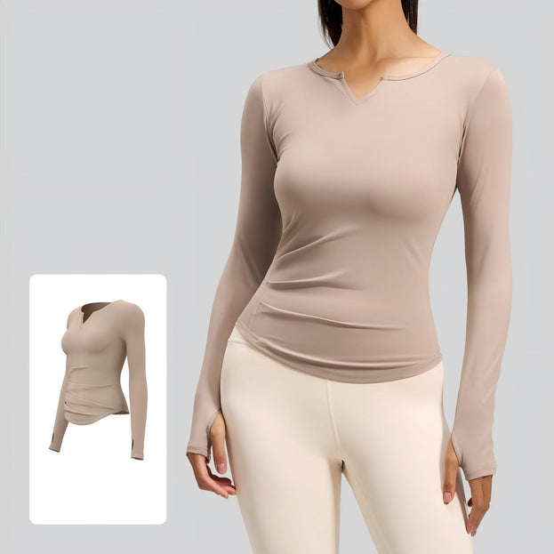 V-Neck Long-Sleeved Pleated Fitted and Slimming Sports Top