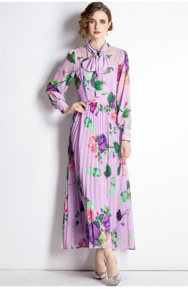 Vintage Floral Long-Sleeved Long Skirt Pleated Skirt Slim Dress