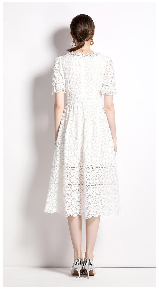 Elegant Slim Short Sleeve V-Neck Mid-Length Lace  Dress
