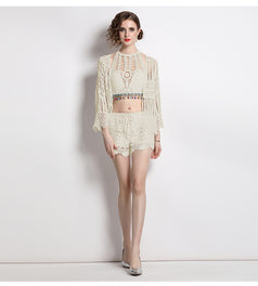 Lace Long-Sleeved Sunscreen Shirt and Small Halter Vest and High Waist Trimmed Shorts Three-Piece Suit