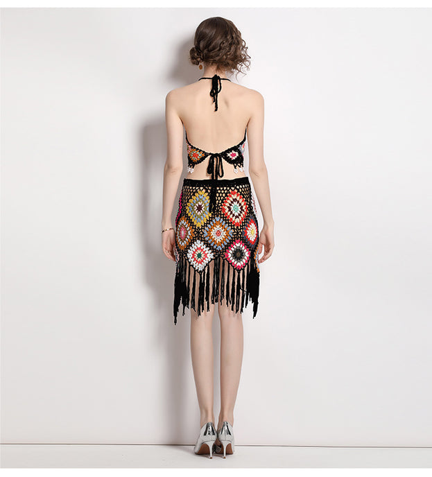 Fashion Suit Female Hook Flower Knitted Bump Color Suspender Vest Two-Piece Set and High Waist Tassel Skirt
