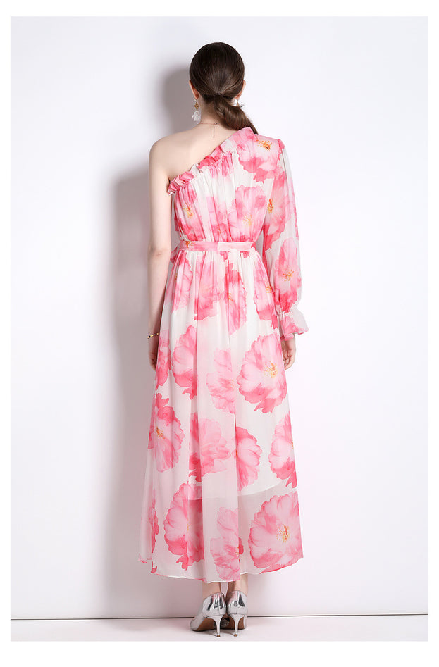 Printed Dress Chiffon Diagonal Shoulder Beach Skirt Seaside Holiday Maxi Skirt