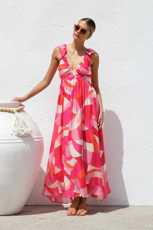 Summer Printed V-Neck Waisted Flowy Holiday-Style Slip Dress for Women