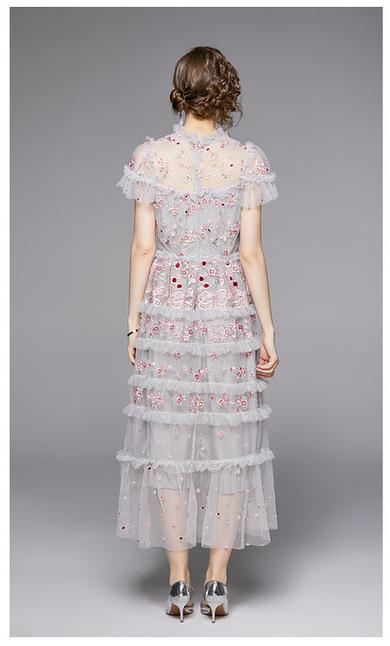 Round Neck Lotus Leaf Short Sleeve Net Yarn Embroidery Closed Waist Large Swing Long Pattern Dress