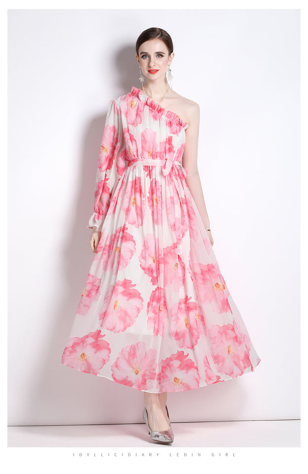 Printed Dress Chiffon Diagonal Shoulder Beach Skirt Seaside Holiday Maxi Skirt