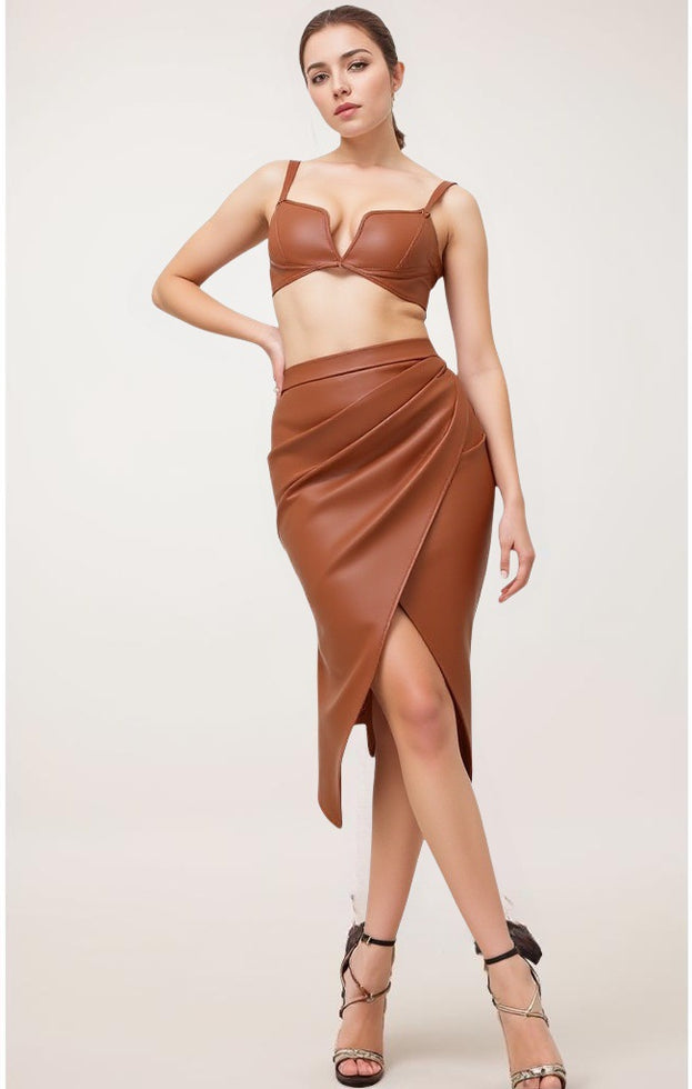 Summer Sexy High-Waist Slit Pleated Bodycon PU Skirt for Women