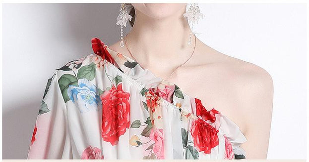 Printed Dress Chiffon Diagonal Shoulder Beach Skirt Seaside Holiday Maxi Skirt