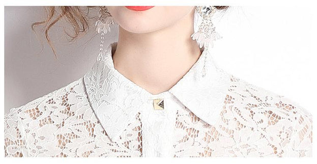 Long-Sleeved Lace Hem Pressed Pleated Metal Buckle Decoration Hollowed Out Mid-Length Dress