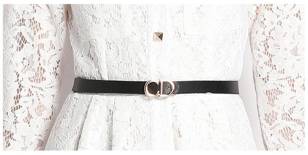 Long-Sleeved Lace Hem Pressed Pleated Metal Buckle Decoration Hollowed Out Mid-Length Dress